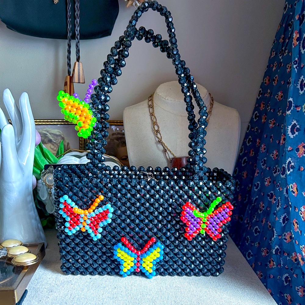 Amazing Susan Alexandra New York Black Beaded Butterfly Colorful Handbag Bag